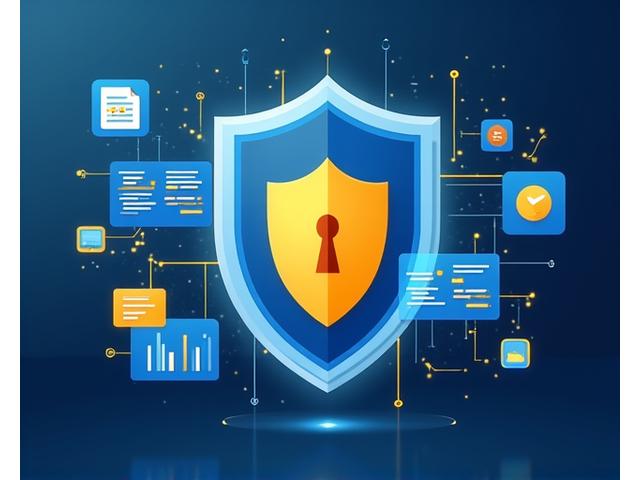 Illustration representing data security with a shield and secure data icons