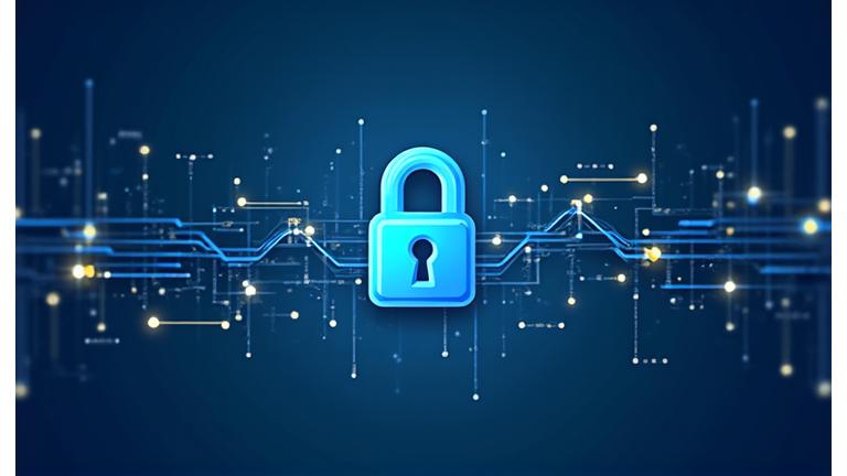 Abstract illustration representing data security and intellectual property protection, featuring a digital lock icon over intertwined lines suggesting data flow.